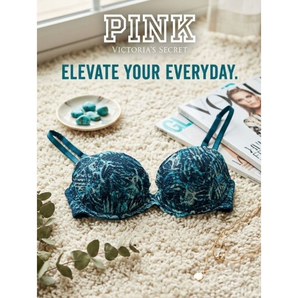 PINK Victorias Secret Teal Tropical Print Push-Up Bra 32B Retro Vintage Y2k